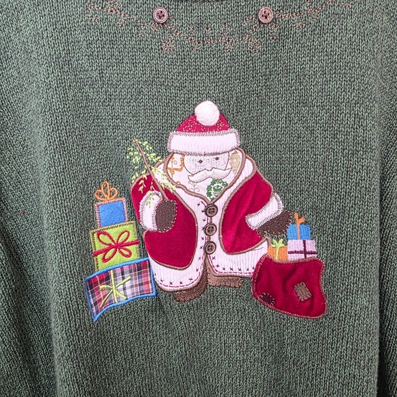 C&B Green Santa Christmas Presents Embroidered Winter Grandmacore Sweater Size L - Picture 5 of 9